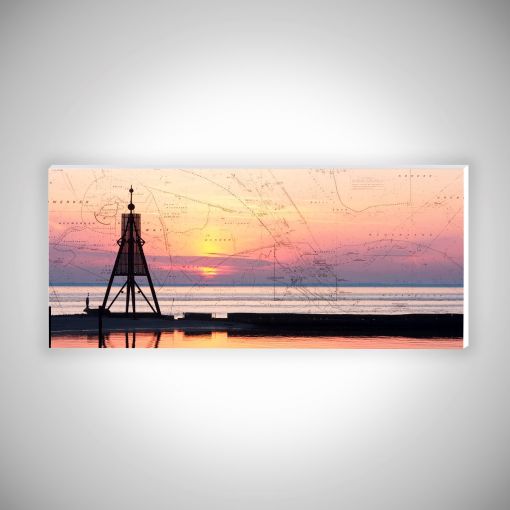 CuxPrint - Motiv: Kugelbake im Sonnenaufgang mit Seekarte Panorama | Hartschaumplatte 10mm Galerie Print 