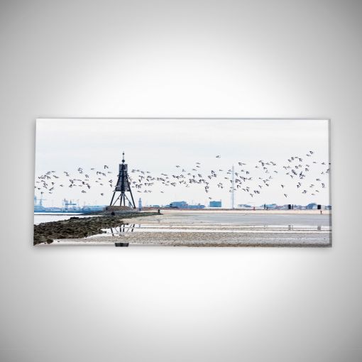 CuxPrint - Motiv: Kugelbake mit Vogelschwarm Panorama | Leinwand Galerie Print